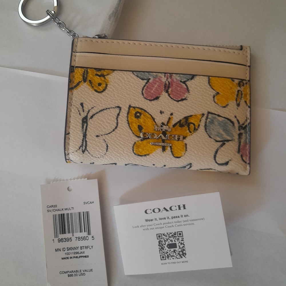 New Coach Skinny ID Card Case With Keyring In Butterfly Print NWT Multi … - Picture 2 of 10